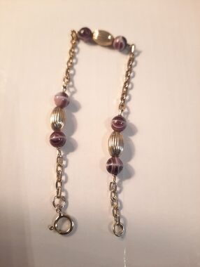 Gold And Silver Chain Bracelet with Purple Striped Beads -